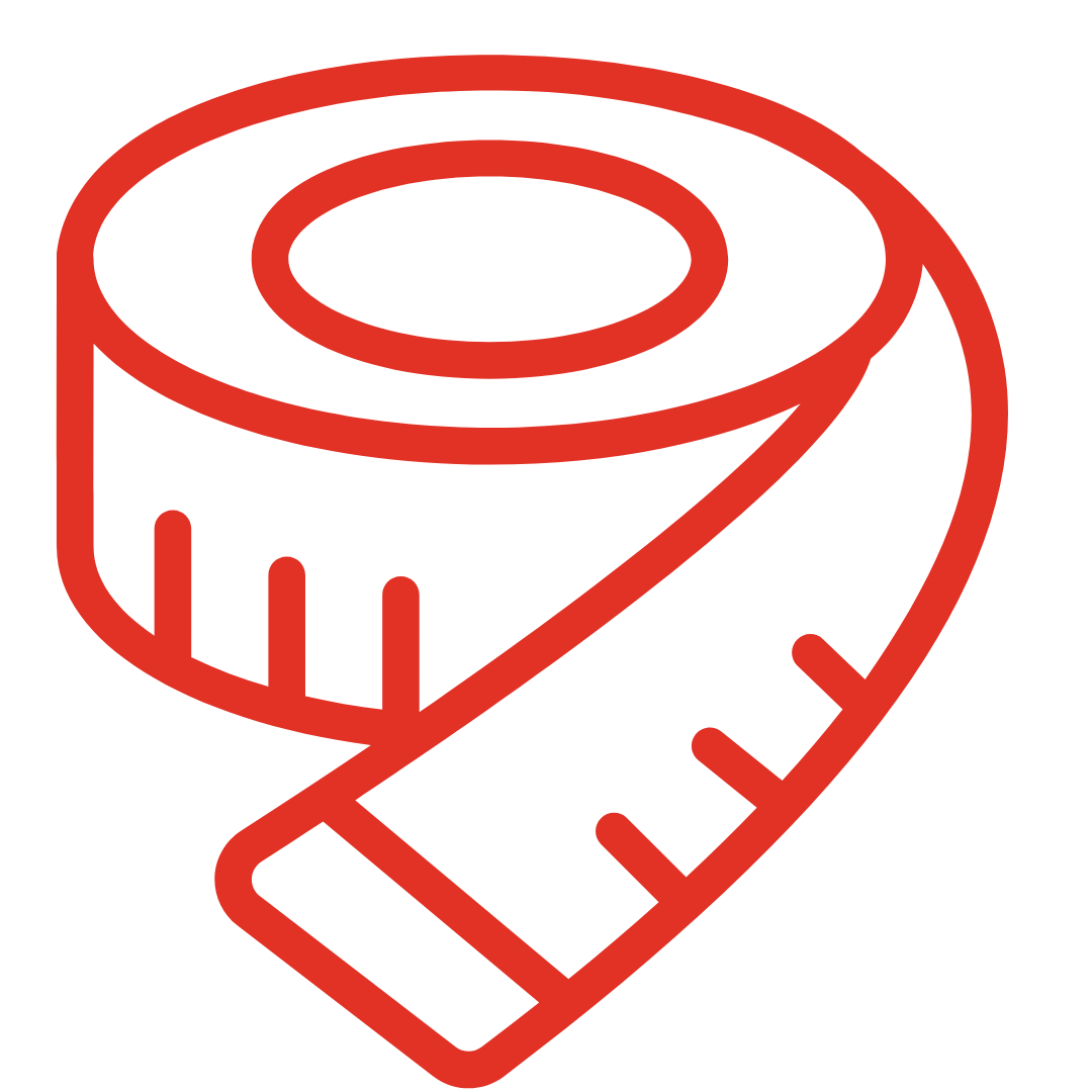 Rotes Icon von einem aufgerollten Maßband.