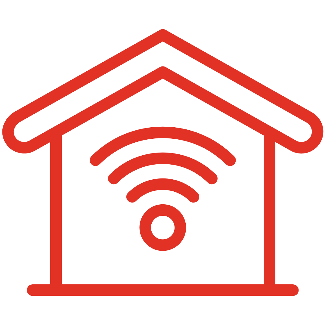 Rotes Icon eines Hauses mit dem WLAN Symbol in der Mitte.