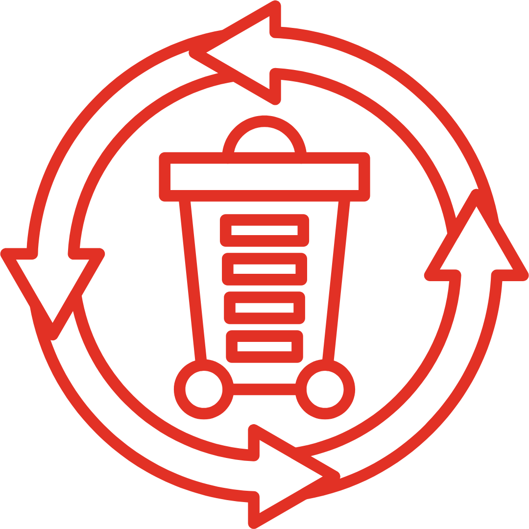 Rotes Icon mit einer Mülltonne und vier Pfeilen im Kreis.