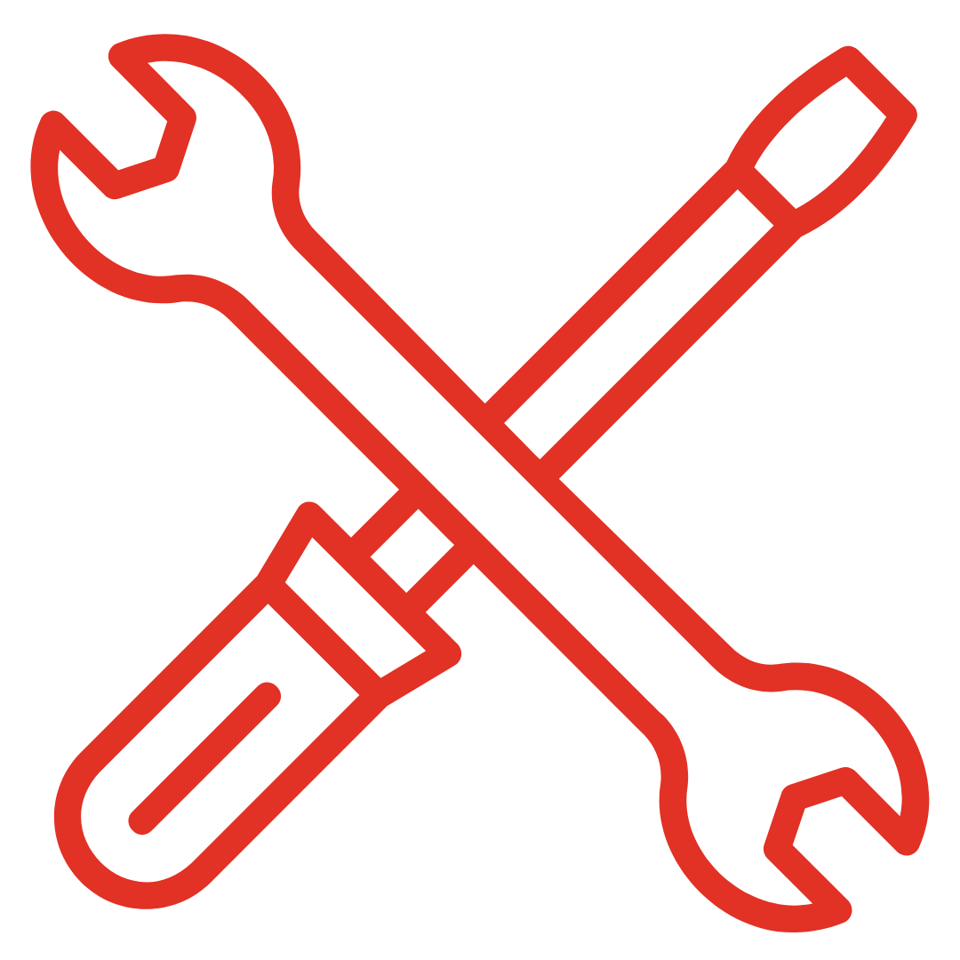Rotes Icon eines Schraubendrehers und -schlüssels, die sich kreuzen.