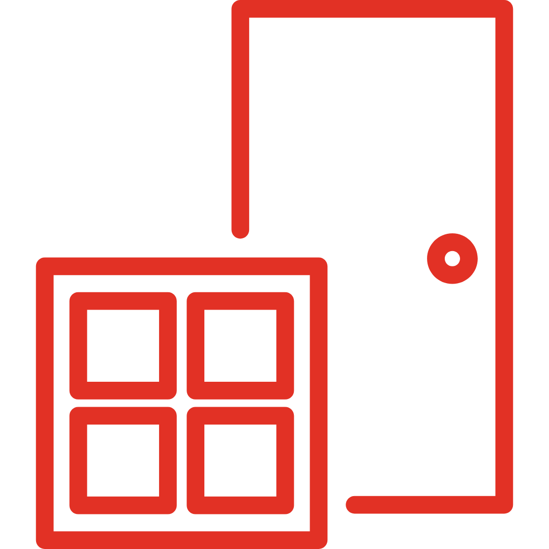 Rotes Icon einer Tür und eines Fensters.
