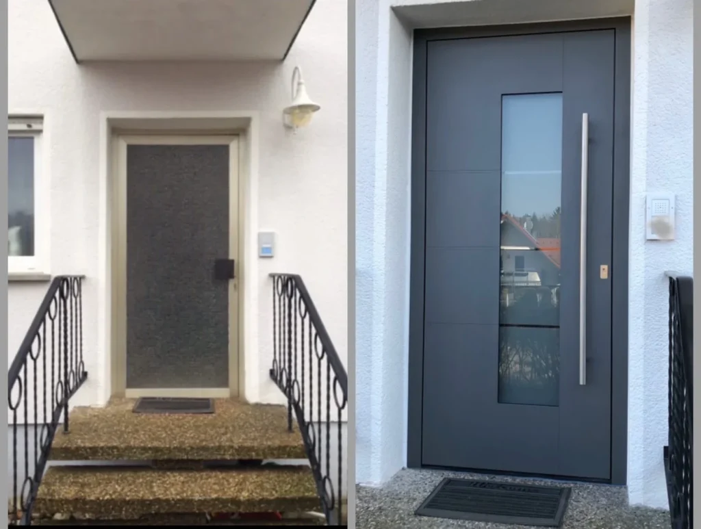 Ein vorher-nachher Bild zweier Haustüren. Links die alte und rechts die neue mit Glaselement und anthrazitfarbenen Blatt und Rahmen.