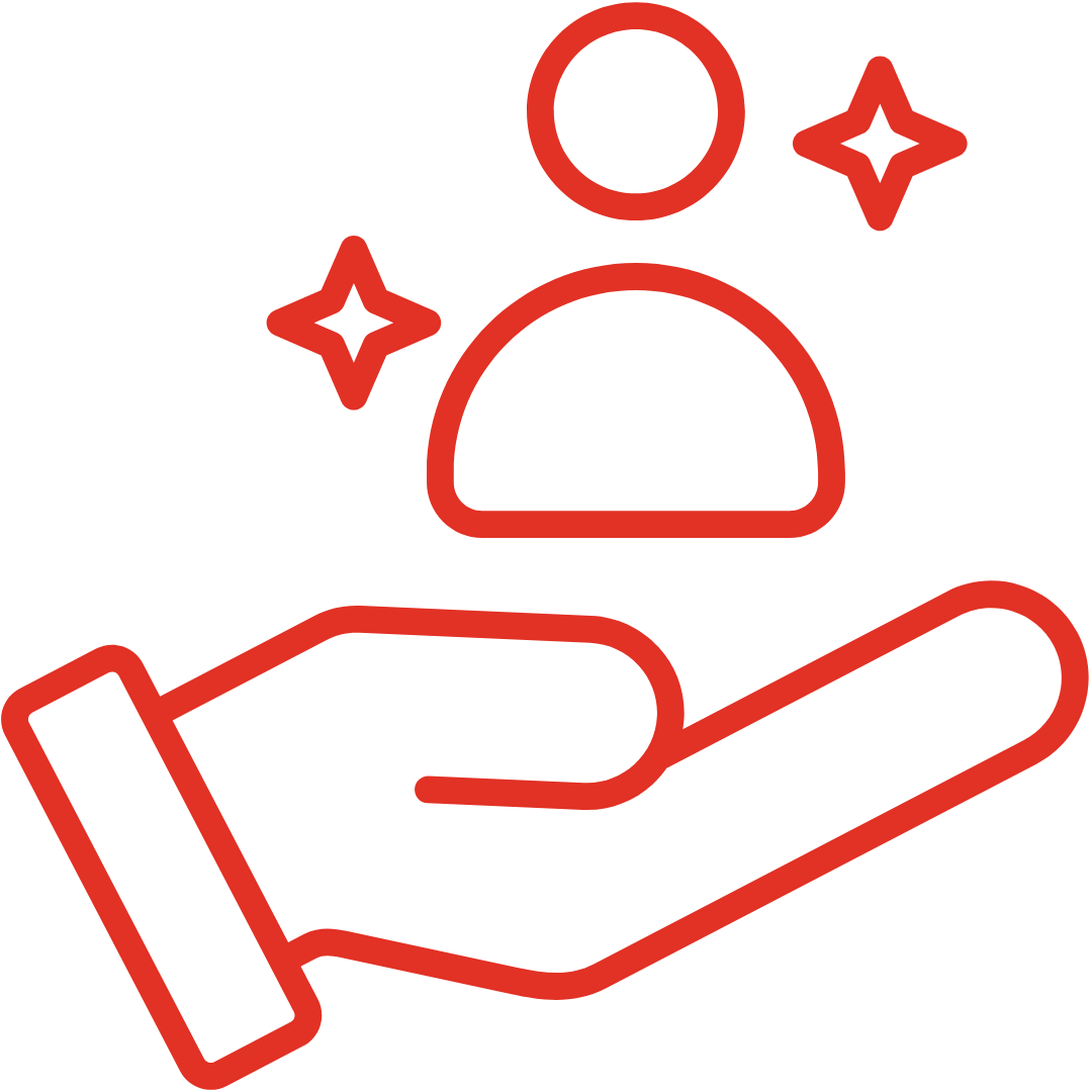 Rotes Icon einer Hand mit einen Männchen inkl. 2 Sternchen darum.