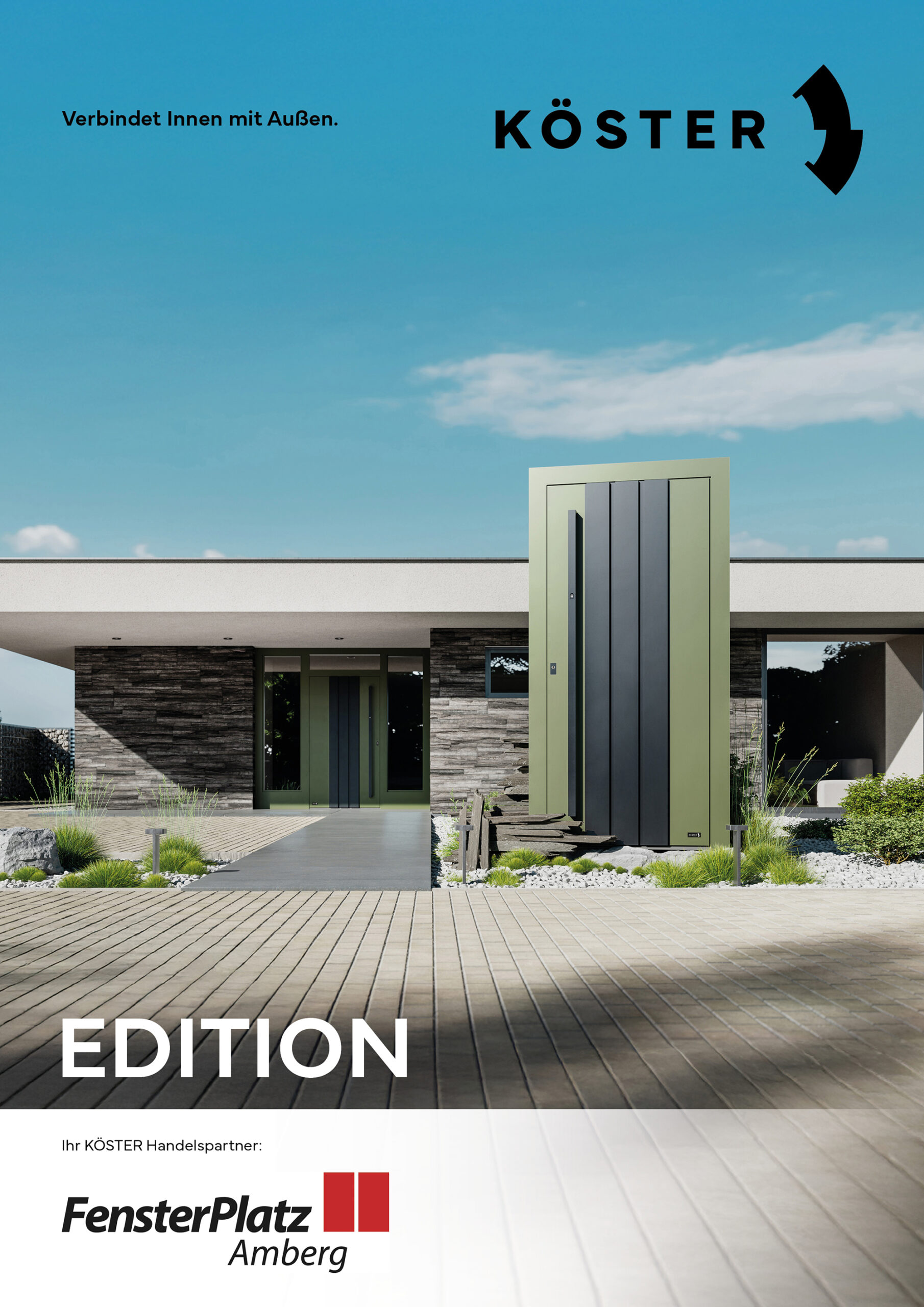Titelbild des 2026 Haustür Katalog mit einer grünen Haustüre vor einem Haus.
